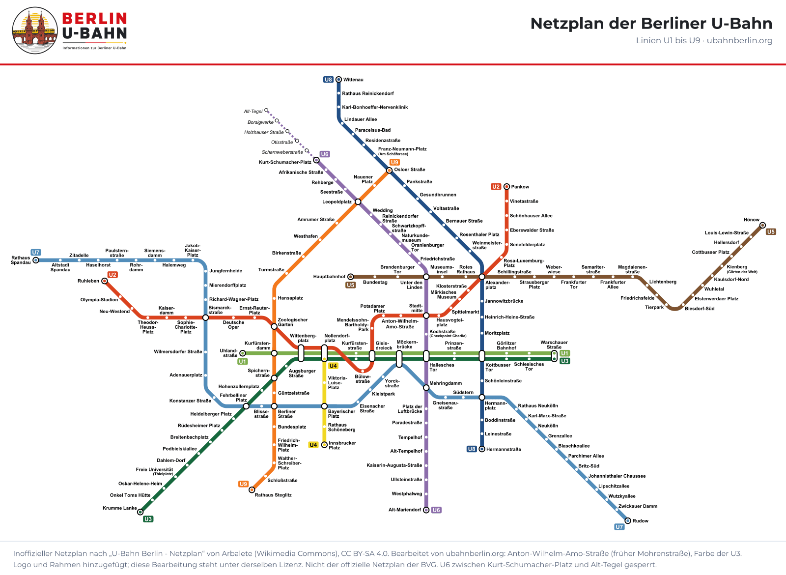Netzplan der Berliner U-Bahn mit den Linien U1 bis U9